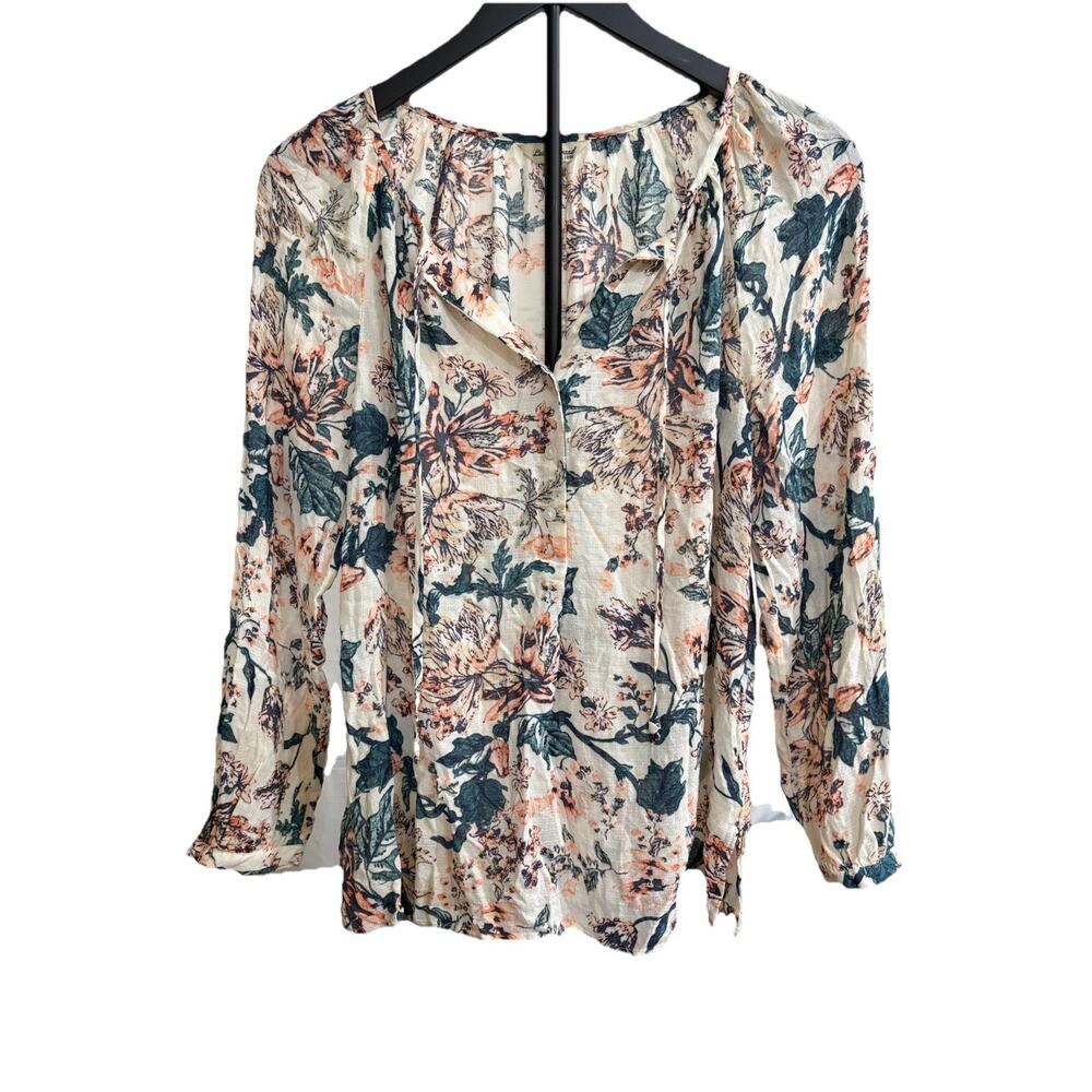 Lucky Brand Top Womens Multicolor Floral Tie Neck Long Sleeve Boho Blouse Medium
